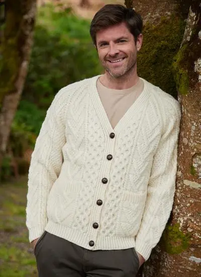 Handknit V-Neck Aran Cardigan